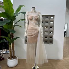 Amazon 英国社交界の娘のディナーパーティー超中空レースフィッシュボーンメッシュニッチハイエンド長袖ドレス