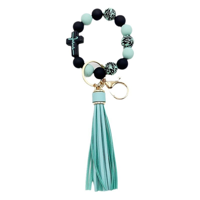 Europea y América transfronteriza cuentas de silicona Cruz leopardo pulsera de cuentas de madera pulsera pu borla llavero
