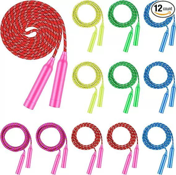 W76跨境亚马逊小学生彩色棉胶跳绳幼儿园2.4米比赛彩虹尼龙跳绳