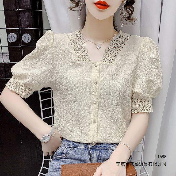 2026 Hollow Lace V-neck Design Unique Women's Shirt, Summer Thin Short-sleeved French Sweet Chiffon Top