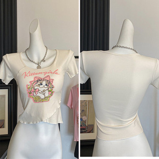 New Cute Kitten Print Hem Cross Irregular Design Fashionable Comfortable Short-Sleeved Top with Built-In Breast Pads for Women