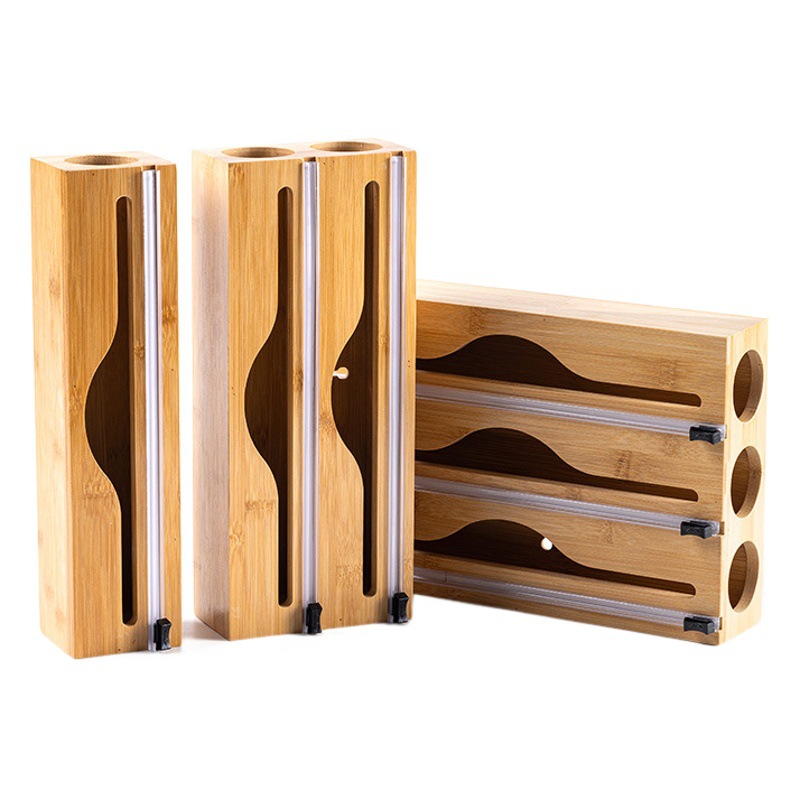 Multi-Layer Wall-Mounted Plastic Wrap Cutter Kitchen Supplies Bamboo Tin Foil Storage Box Two-Way Sliding Knife Cutter Box