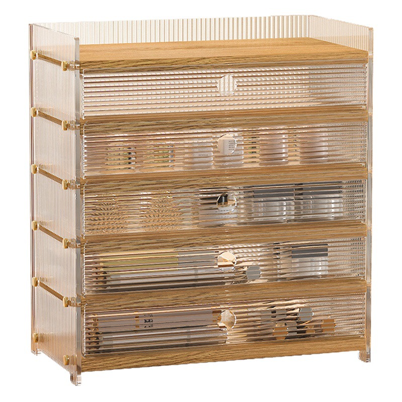 Nuevo estante de almacenamiento de aperitivos y tazas de cosméticos acrílicos de escritorio simple, estilo de cajón de compartimento multicapa a prueba de polvo y humedad