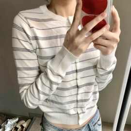 韩系复古条纹小个子长袖针织开衫外套女春秋新款显瘦短款上衣外穿