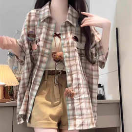 美式趣味小狗毛巾绣格子短袖衬衫女夏季新款宽松休闲衬衣独特上衣