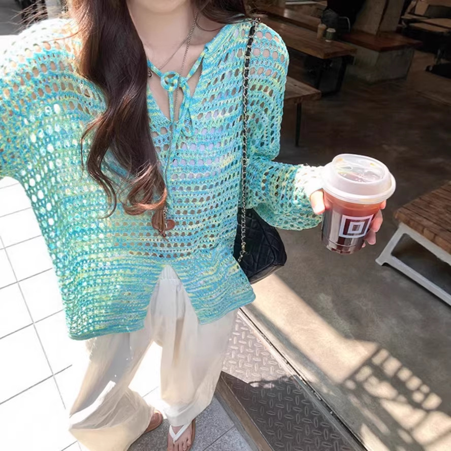 리와이 여성 여름 시스루 펀칭 니트 커버업 긴팔 루즈핏 브이넥 자외선 차