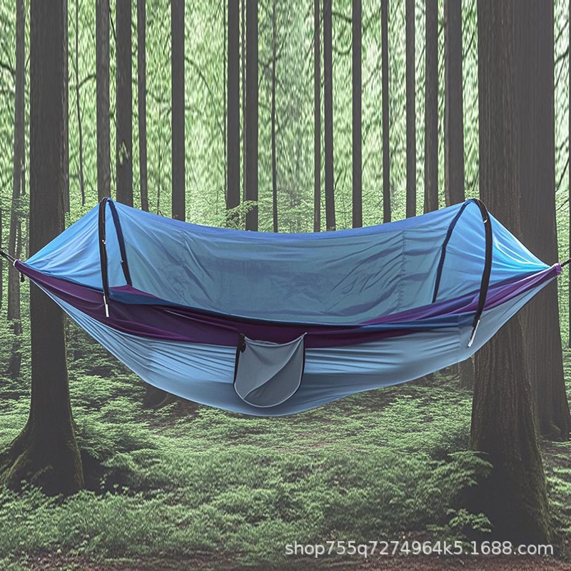 Hamaca con mosquitera de apertura rápida, 2m9 × 1m4, columpio de tela de paracaídas, para acampar al aire libre, ocio, silla mecedora individual/doble para exteriores image 14