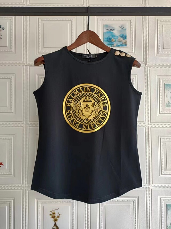 Xi Mengyao Same Style Balman Bronzing Letter Cotton Gold Buckle Arc Hem Casual Sleeveless Vest for Women