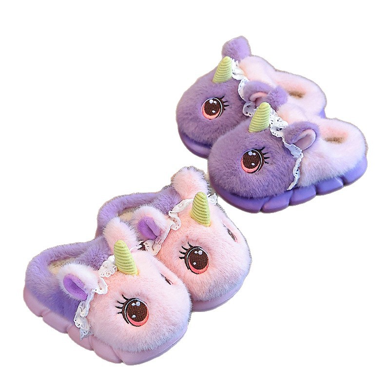 Unicornio zapatillas de algodón para niños de invierno para niñas con peluche cálido en el hogar zapatillas de peluche de interior para niños pequeños