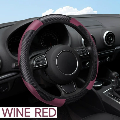 Steering wheel cover carbon fiber leather embossed car - xf6002-black-wine-red-38cm