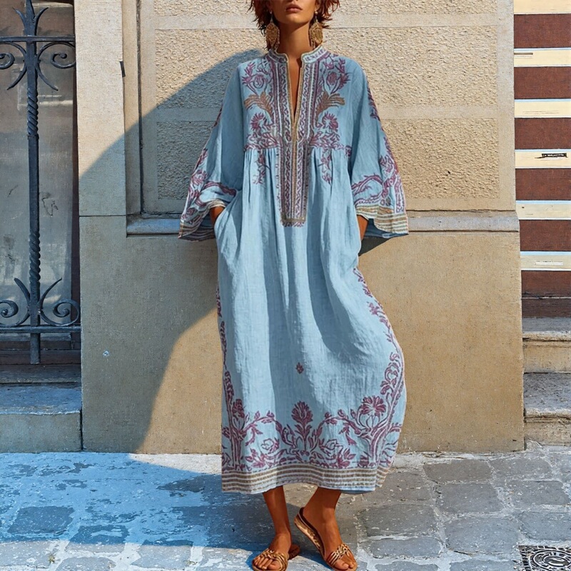 European and American New Style Holiday-Style Women's Clothing, Casual V-Neck Bohemian Style Printed Long Beach Dress