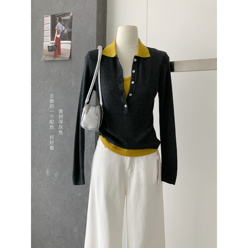 设计感撞色假两件翻领修身休闲针织衫女士秋季韩版高级感长袖上衣|undefined
