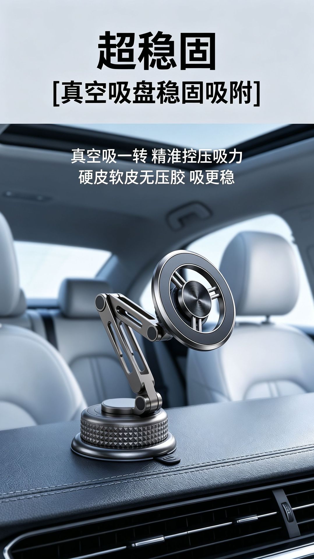 Cross-border all-metal extended arm car magnetic mount, foldable, electroplated vacuum suction car phone holder