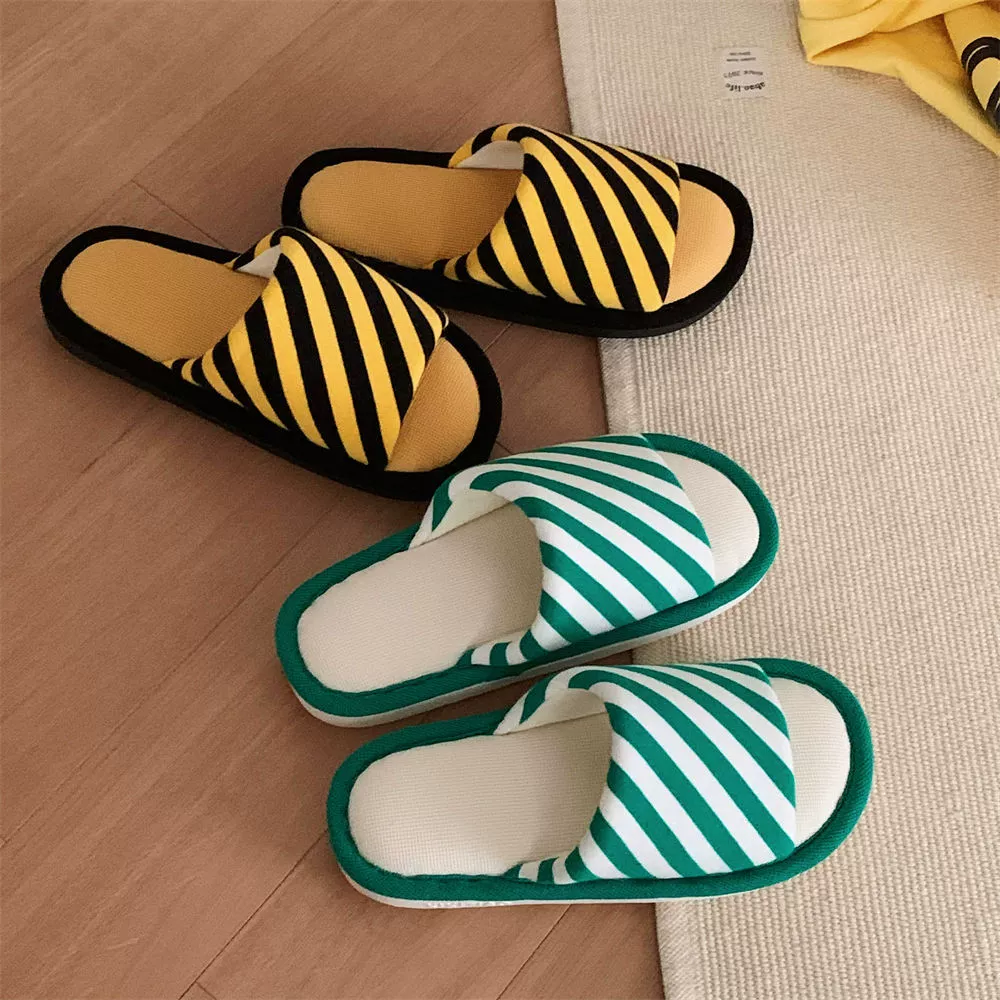 Потение и дышащие домашние студенты с мягким напором обувь для домашнего использования удобная весна и лето высокого цвета в полоску женские хлопчатобумажные и льняные тапочки