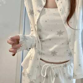 甜美雪花海岛绒睡衣女春秋季新款保暖少女三件套家居服套装可外穿