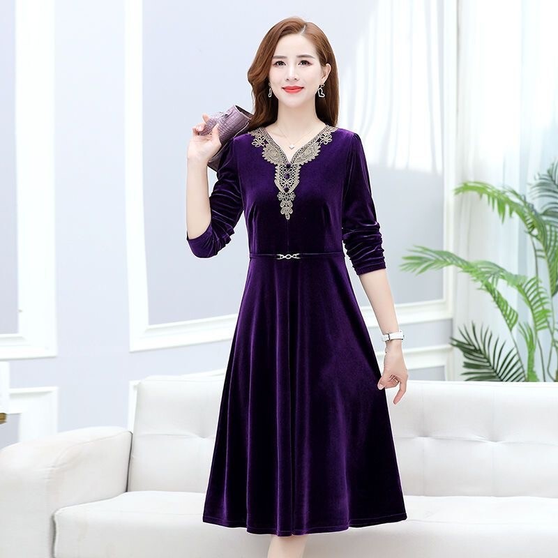 Spring and Autumn Velvet Dress 2026 New Stylish Mid-Length Dress for Middle-Aged Moms, Autumn Long-Sleeve Dress
