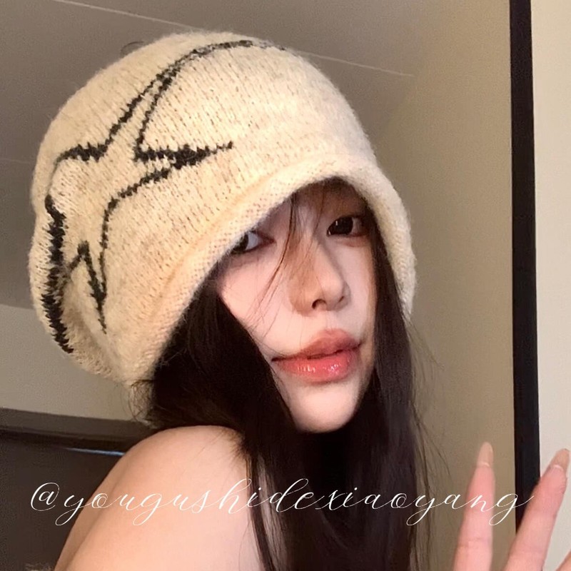 辣妹星星针织冷帽女秋冬韩系复古堆堆帽女护耳保暖百搭大头围包头|undefined