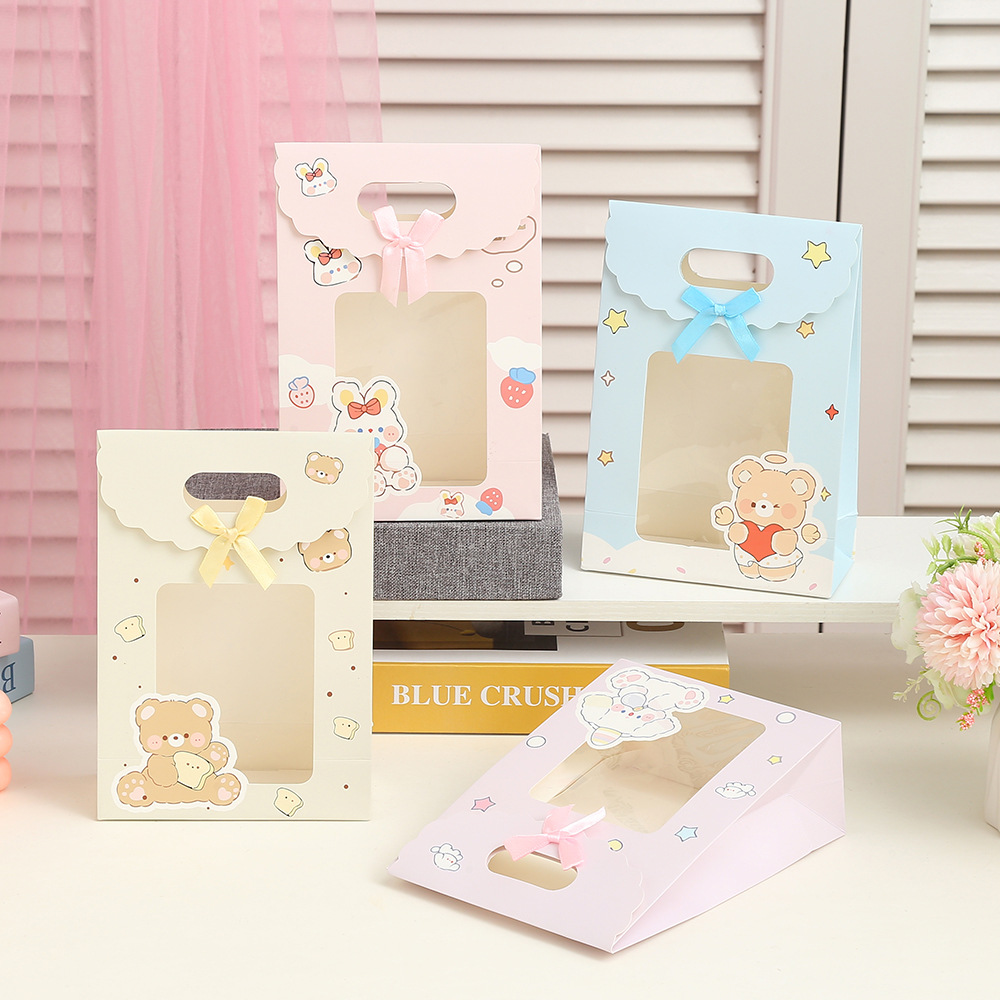 卡通可爱白卡纸袋  带蝴蝶结翻盖袋  蛋糕奶茶打包袋  礼物包装袋