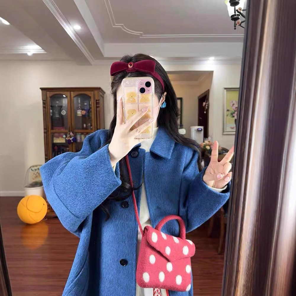 싱글 브레스트 루즈 야크 울 코트 여성 가을과 겨울 2024 새로운 빈티지 프린세스 블루 양면 양모 코트