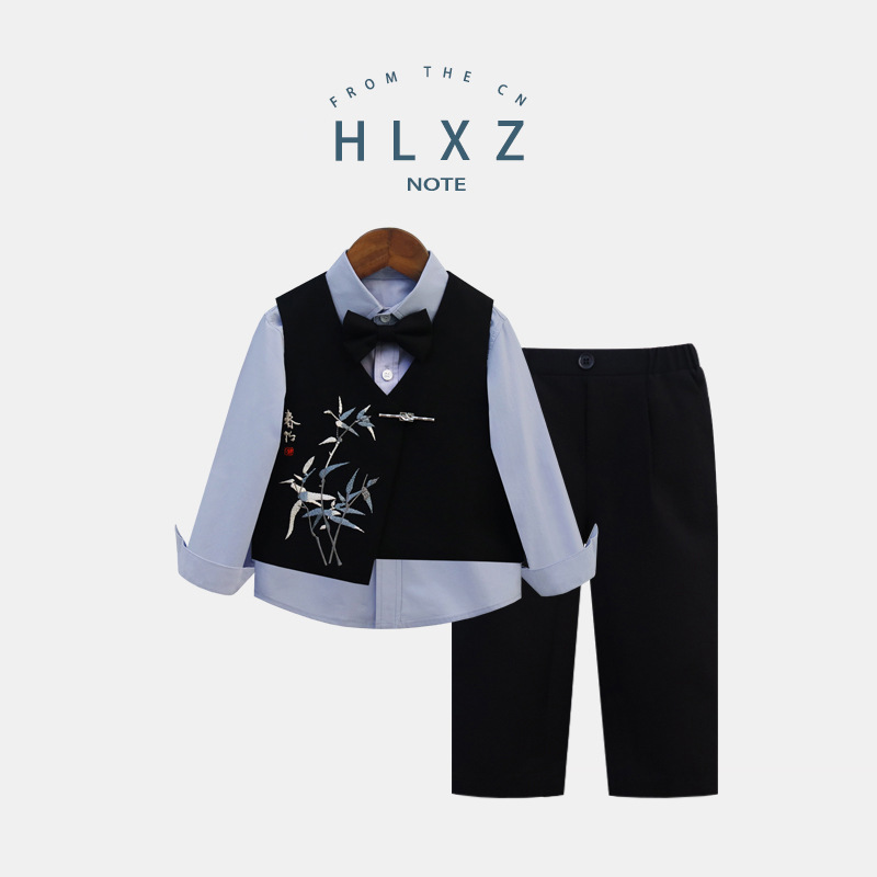 Boys' Spring and Autumn New Chinese Style Suit Set with Embroidery Children's Vest Performance Dress Flower Boy Host Performance