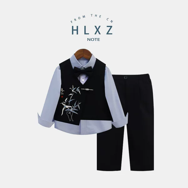 Boys' Spring and Autumn New Chinese Style Suit Set with Embroidery Children's Vest Performance Dress Flower Boy Host Performance