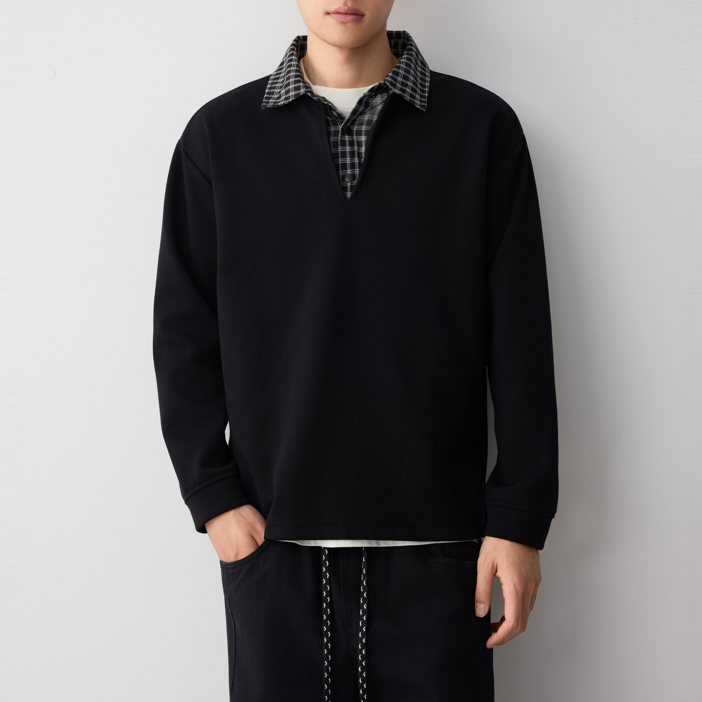 Áo hoodie nam nỉ hai lớp cổ lạnh kiểu giả hai lớp — đen