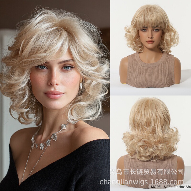 European and American Cross-Border Best-Selling Golden Curly Wig with Layered Bangs, Natural-Looking and Suitable for Daily Wear, Made of High-Temperature Fiber for Women