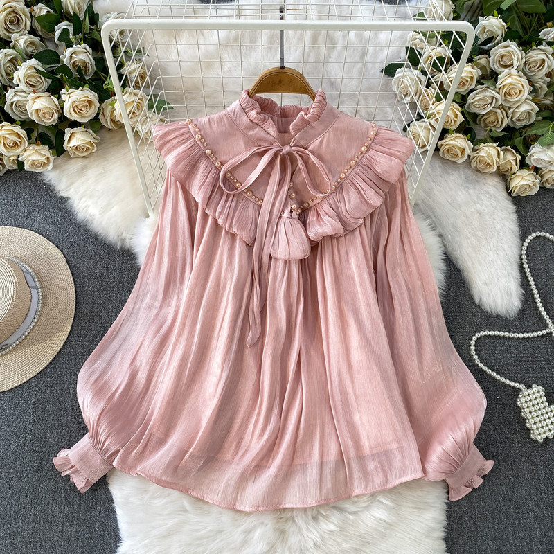 Fairy-Style Sweet Ruffled Lace-Up Stand-Up Collar Long-Sleeved Shirt for Women, Spring and Autumn Socialite Age-Reducing Pearlescent Tulle Base Shirt