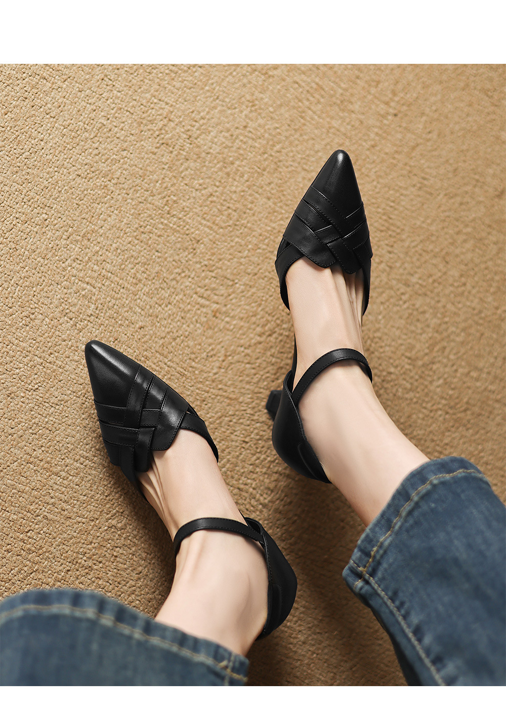 Giày sandal cao gót nữ quai ngang mũi nhọn da cừu gót 5,5 cm — đen chi tiết 10