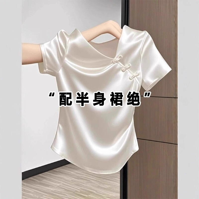 New Chinese-Style National Style Acetate Satin Short-Sleeve Shirt for Women, Summer Plus Size, Flattering for Curvy Figures, Super Stylish Top New Chinese-Style National Style Acetate Satin Short-Sleeve Shirt for Women, Summer Plus Size, Flattering for Curvy Figures, Super Stylish Top