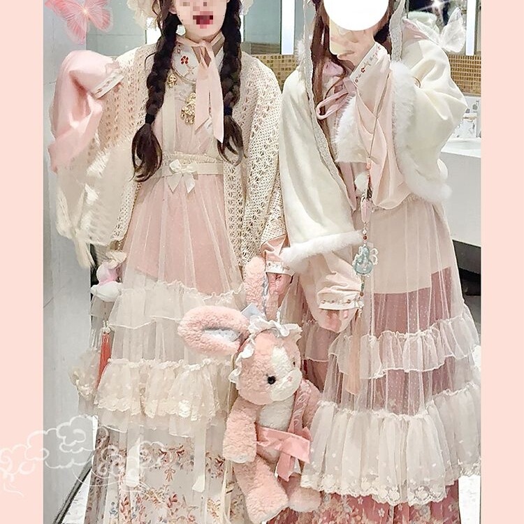 Han-Yang Eclectic Spring Dyeing Set Original Winter Fleece-Lined Cloak and Mamian Skirt Daily Cute Style Bestie Suit Hanfu for Women