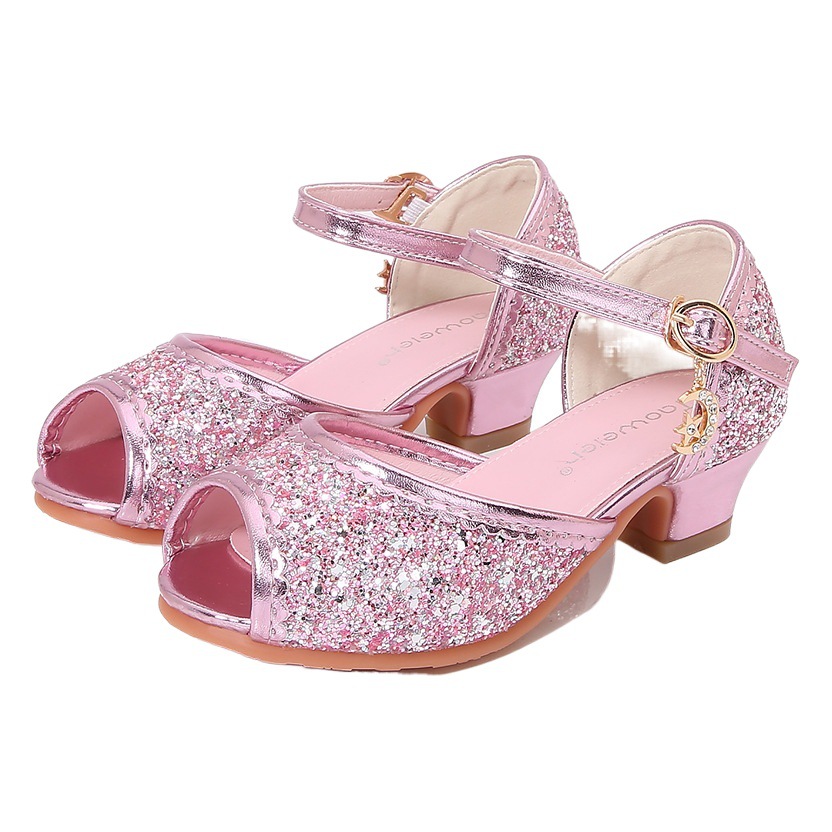 2026 Girls' Sandals Children's High Heel Princess Shoes Summer Little Girls' Sequined Crystal Shoes Fashionable Mary Jane Kids' Shoes