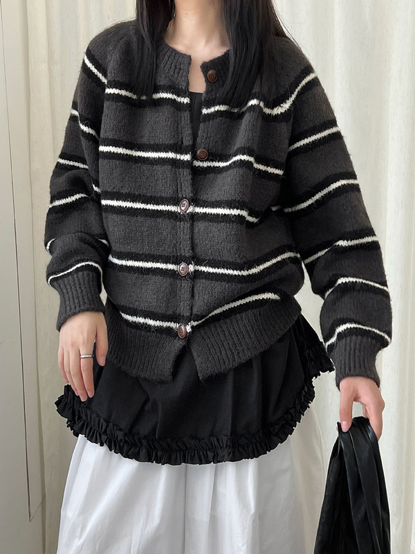 NS 韩系短款休闲羊毛条纹针织开衫女秋新款撞色慵懒显瘦上衣ss803|undefined