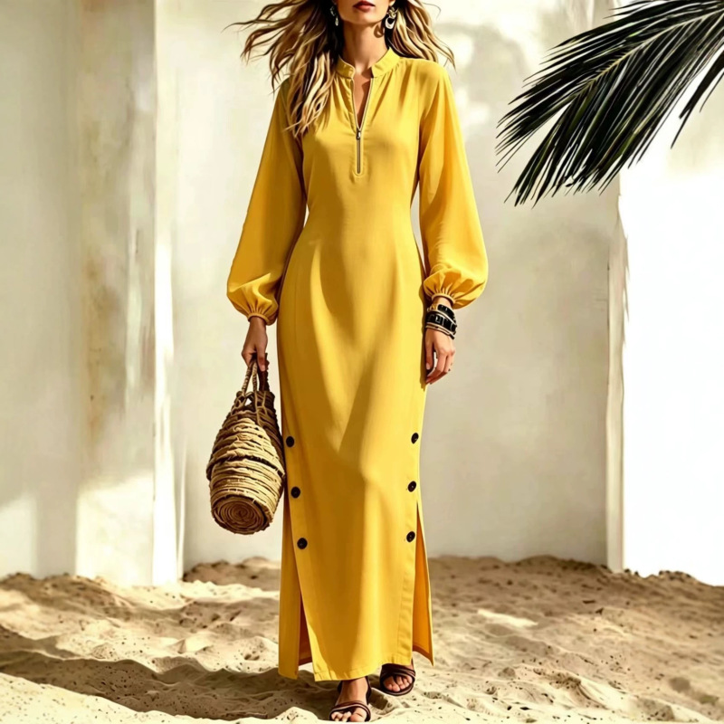 European and American style stand-up collar half-zip lantern sleeve long dress with side slits, buttoned waist, women's dress, holiday style European and American style stand-up collar half-zip lantern sleeve long dress with side slits, buttoned waist, women's dress, holiday style