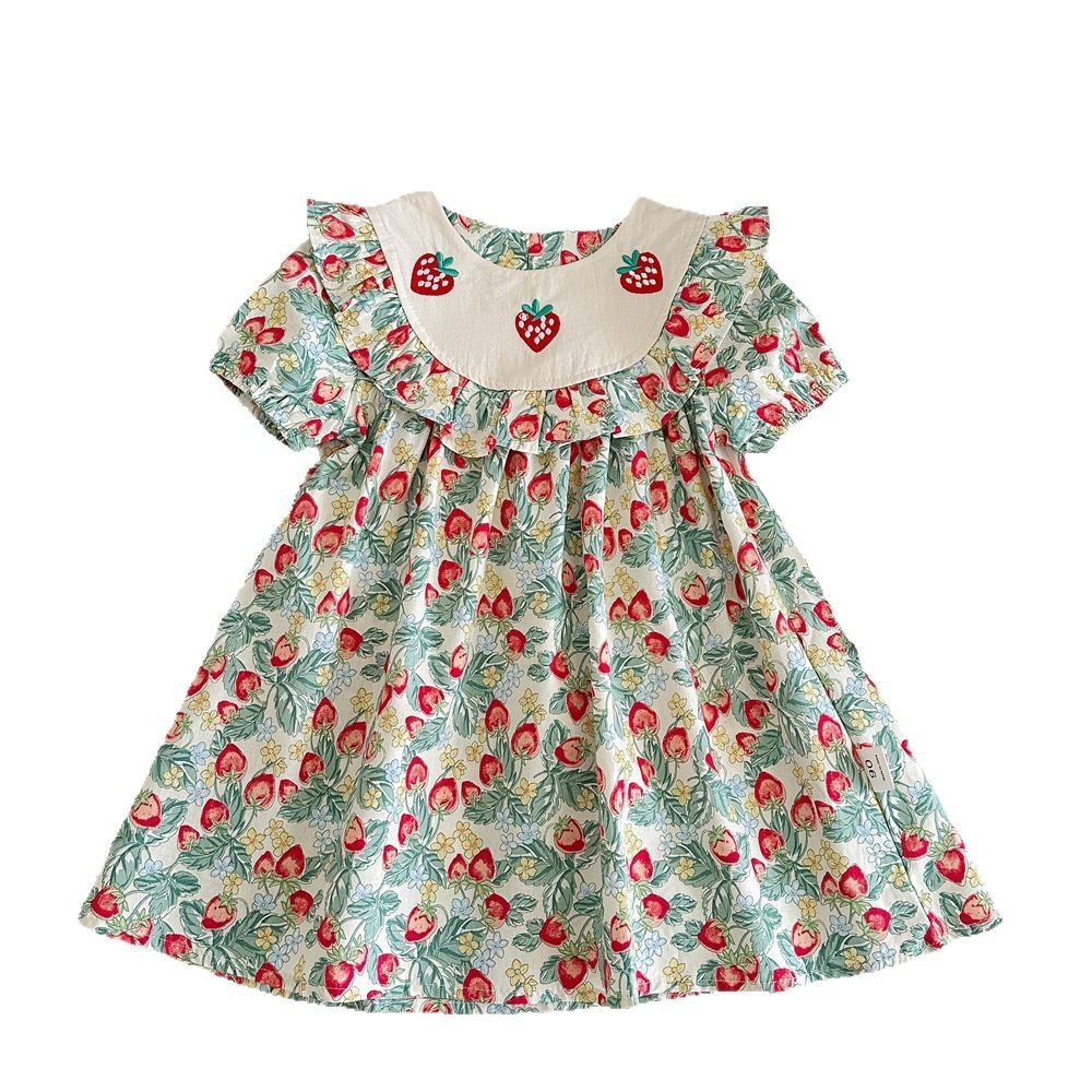 Vestido de niña con volantes bordado de siete fresas de limón salado verano nuevo estilo estampado de frutas falda de muñeca de manga corta para niños