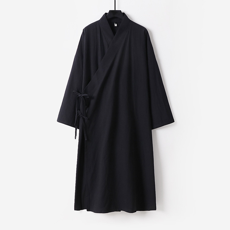 新しい綿とリネンの大きいサイズのエクストラロングローブ中国風漢服ナイトガウンレースアップ着物スチームバスローブメンズオールシーズンローブ|undefined