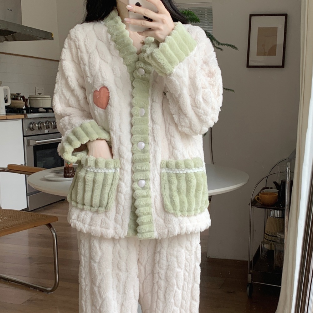 珊瑚绒睡衣女秋冬季新款加绒加厚保暖甜美法兰绒可外穿家居服套装