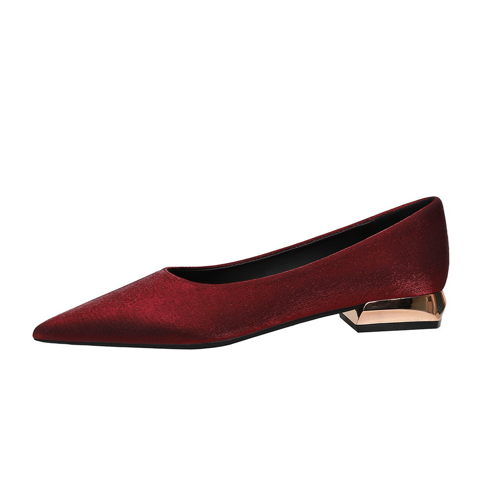 83925 French style low heel satin light mouth single shoe solid color pointed thick heel versatile work commuting women's shoes are not tiring to the feet