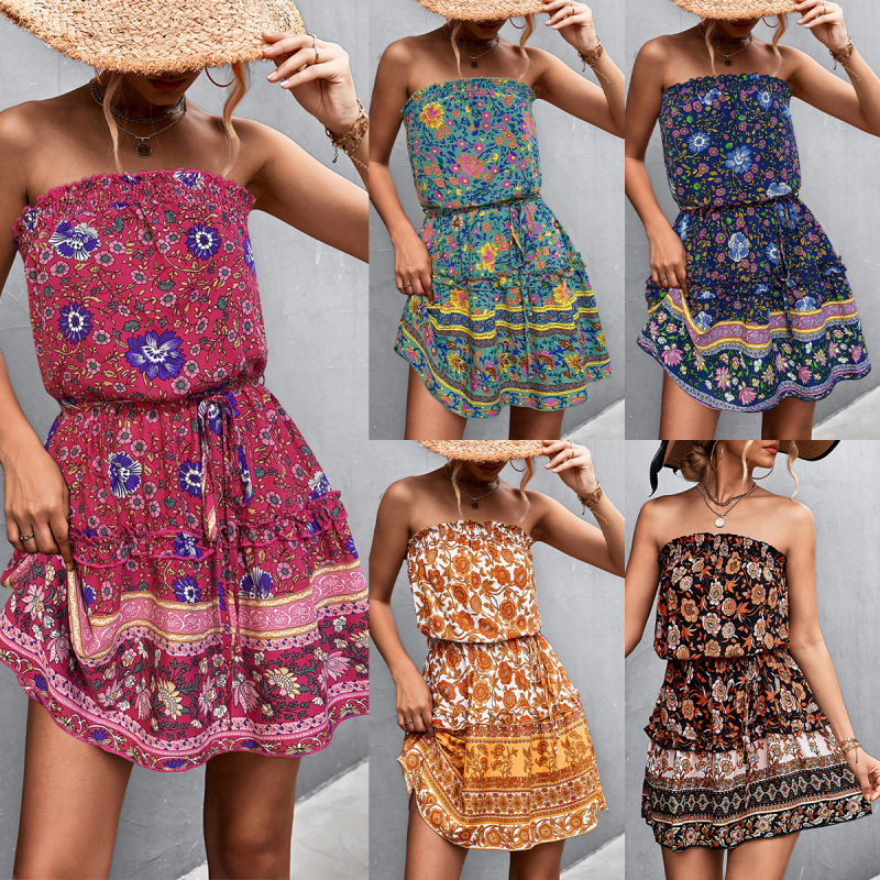 Spring and Summer New Cross-Border Women's Clothing Ebay Amazon Hot-Selling Bohemian Floral Ruched Strapless Dress