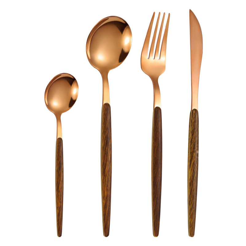 Cruzar la frontera imitación mango de madera de acero inoxidable cuchillo de carne y tenedor vintage portugués occidental vajilla traje postre cuchara tenedor