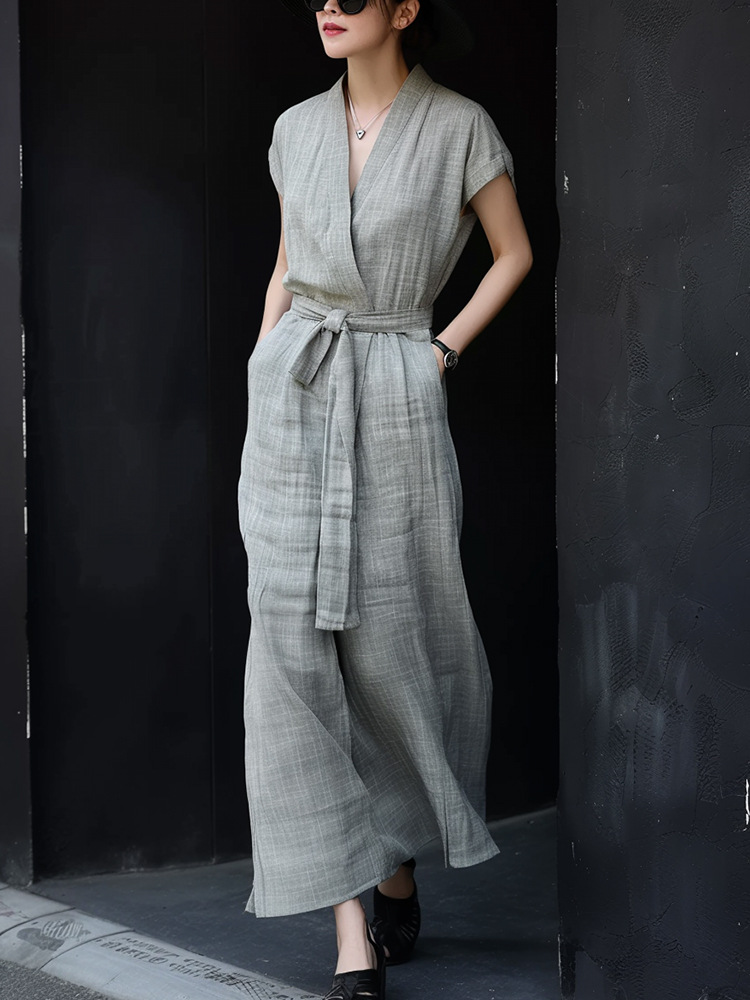 Váy liền vải lanh cotton cổ chữ V chiết eo tinh tế mùa hè — Váy vải lanh màu xám