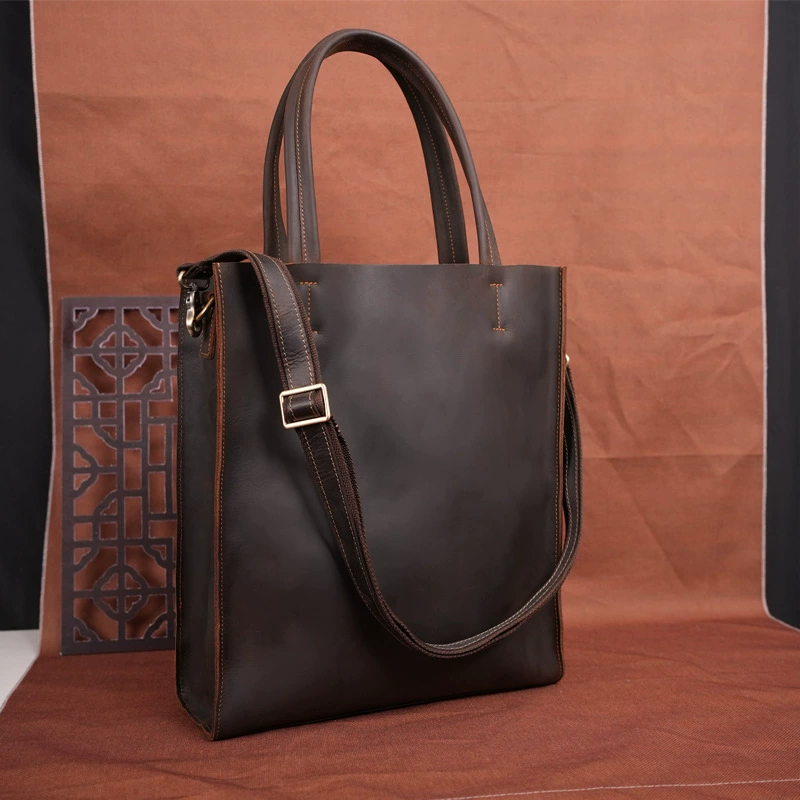 Capacious one-shoulder bag, leather handheld retro laptop, business version, cowhide