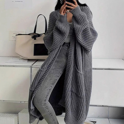 Korean style long over-knee sweater cardigan for women in autumn and winter new lazy style loose thickened knitted jacket for women