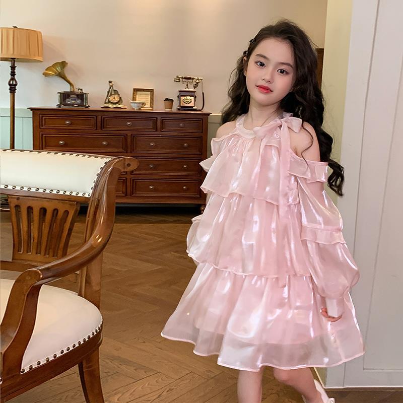 2025 女の子服ピンクオーガンザプリンセスドレス子供ベビーホルターネックドレスオフショルダードレス|undefined