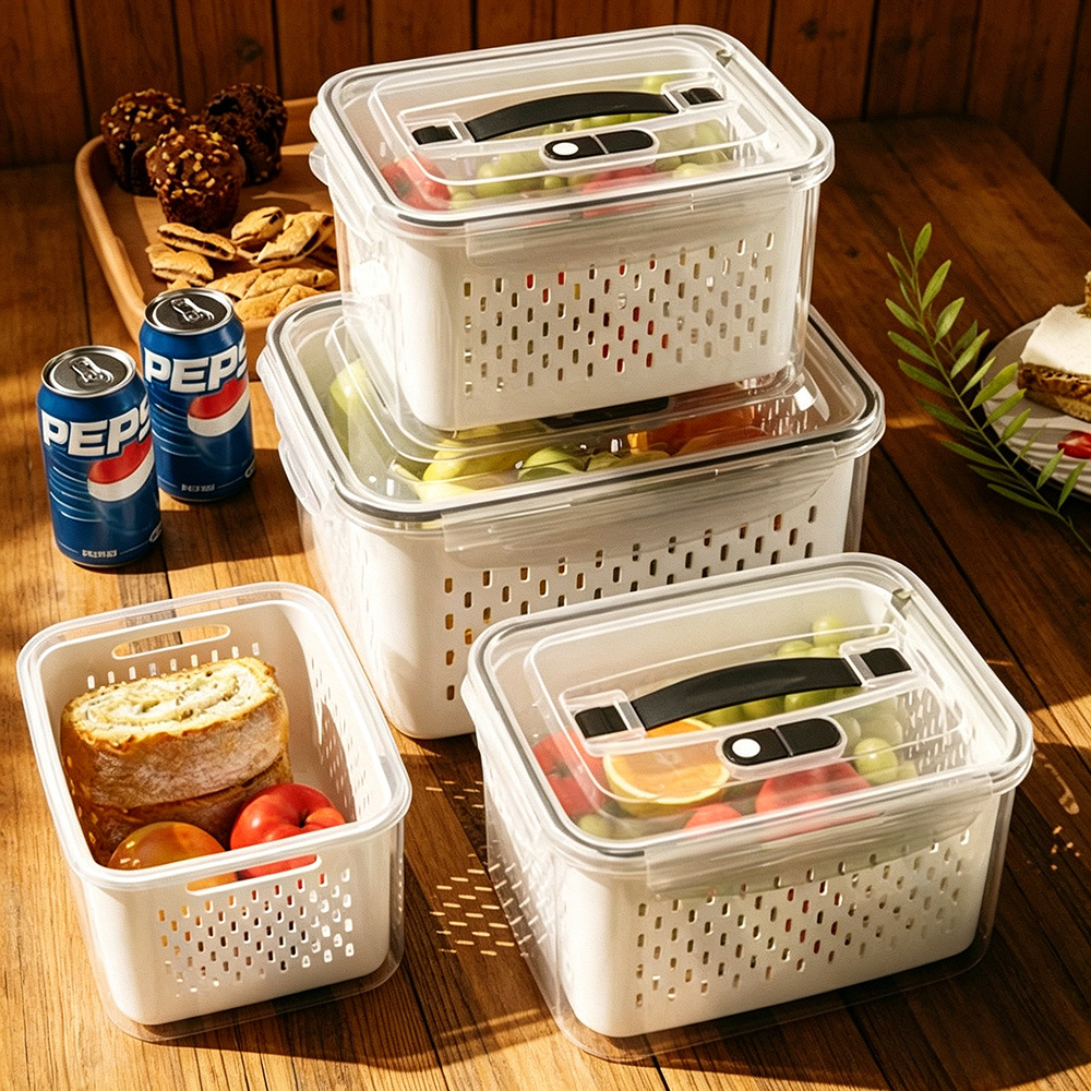 Refrigerador cesto de drenaje caja de preservación rectangular refrigerado sellado de grado de alimentos con cubierta caja de almacenamiento portátil al por mayor