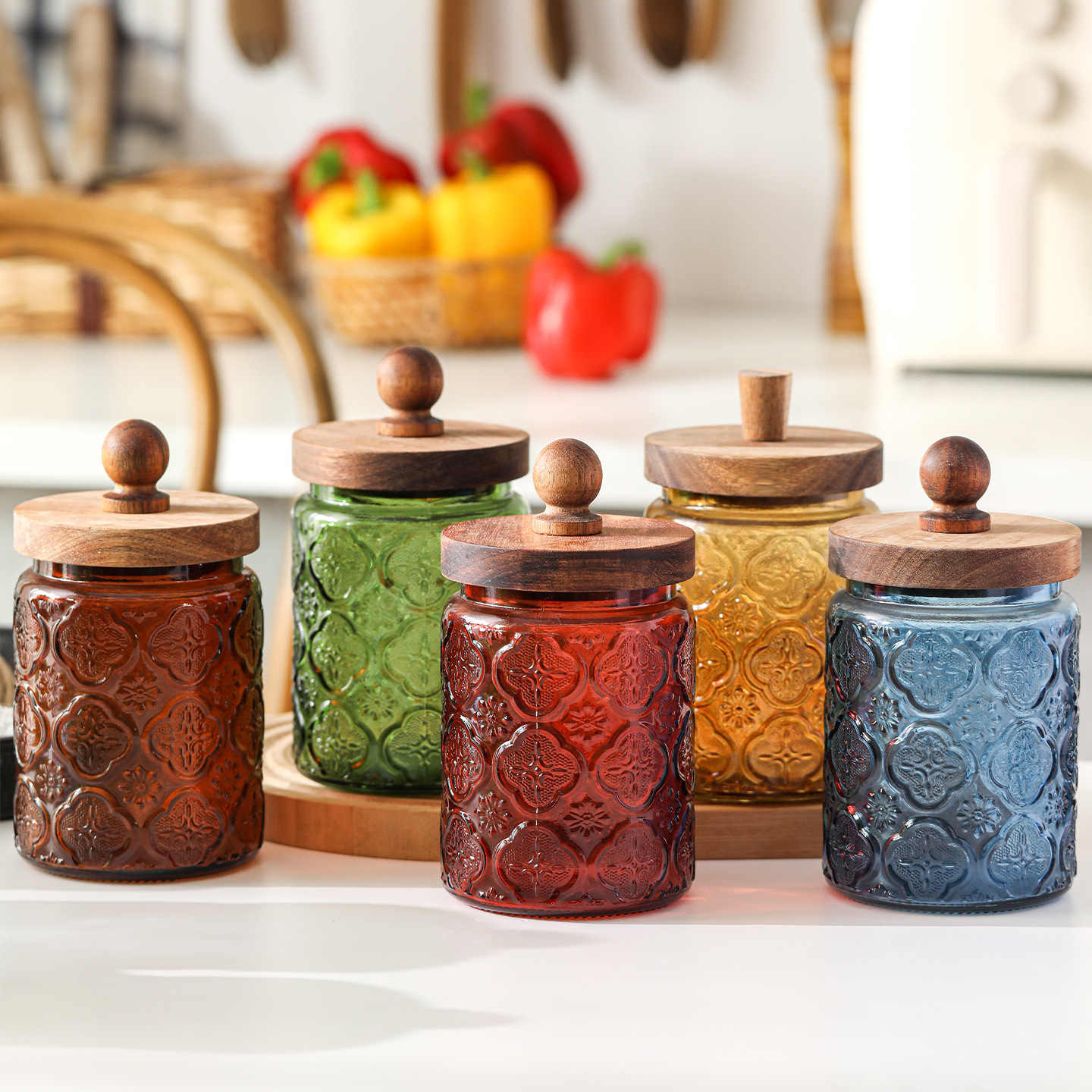 Amazon Embossed Glass Storage Jar 700 Retro Colorful Household Grain Snacks Coffee Bean Storage Jar Wholesale