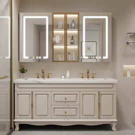 美式浴室柜组合橡木奶油风卫生间岩板洗漱台无缝洗手洗脸盆落地柜