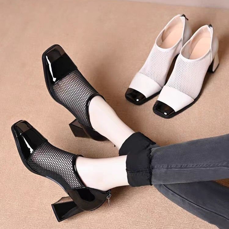 Mesh Sandals with Iron Toe 2025 New Women's Versatile High Heel Mid-Heel Mesh Shoes Summer Chunky Heel Spring Women's Shoes