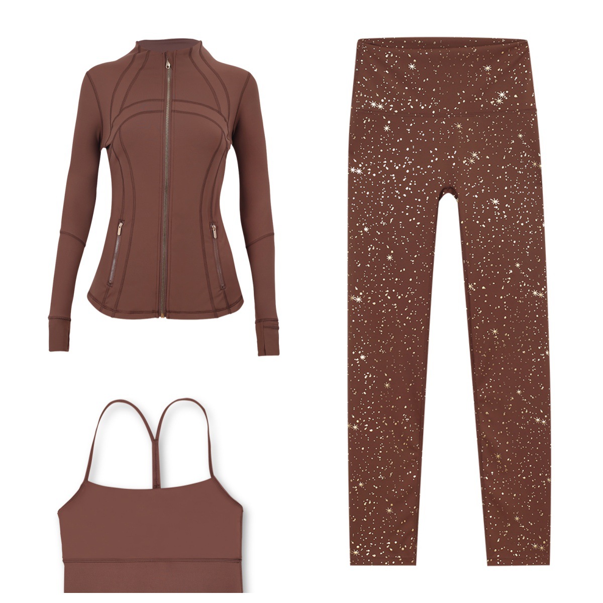 Women's 3-Piece Gold Star Workout Set – Jacket, Y-Back Sports Bra & High-Waisted Leggings For Gym, Running & Pilates (S-Xxxl, 12 Colors)_voghion.com
