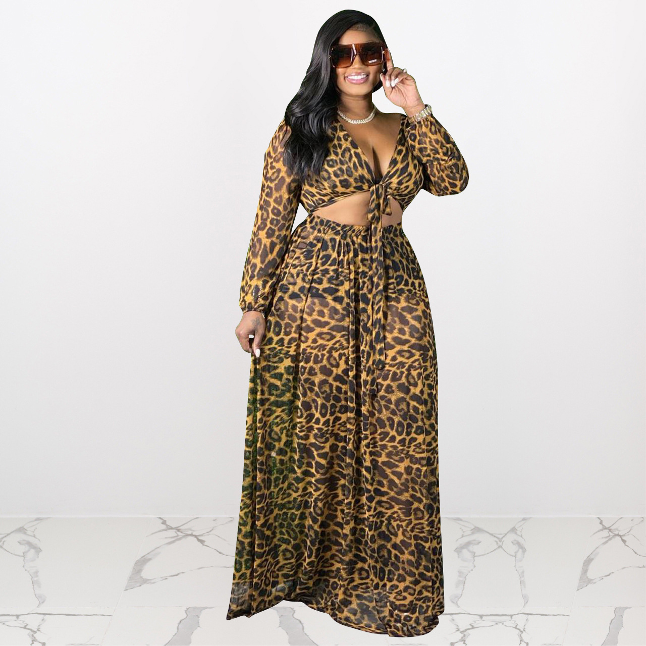 plus size lace-up long-sleeved wrap chest high waist large swing leopard print top and skirt suit NSFH130017